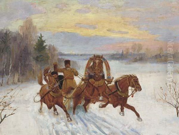 A Russian Troika Oil Painting by Nikolai Bakulin