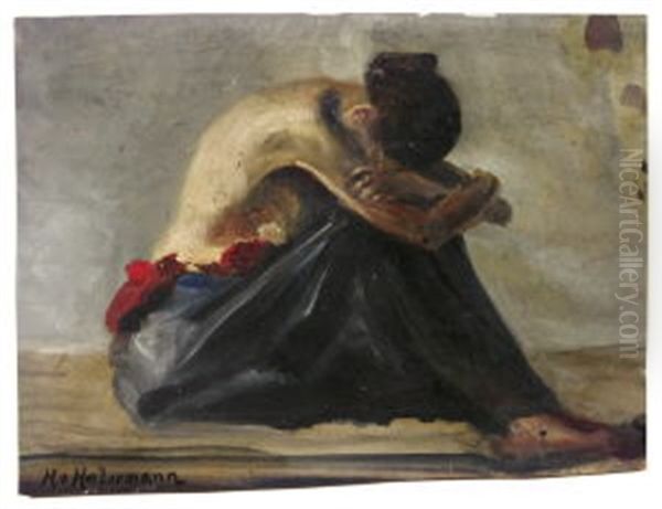 Frau Mit Angewinkelten Beinen Auf Dem Boden Sitzend, Den Kopf Auf Die Uber-kreuzten Arme Gesenkt (+ Study Of A Maoe Nude, Verso) Oil Painting by Hugo von Habermann the Elder