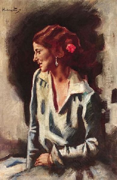 Junge Frau Mit Roter Blume Im Haar Oil Painting by Hugo von Habermann the Elder