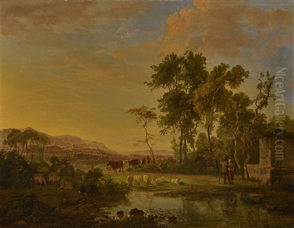 Southern Landscape With Shepherds And Cattle Oil Painting by Johannes Cornelis Haccou