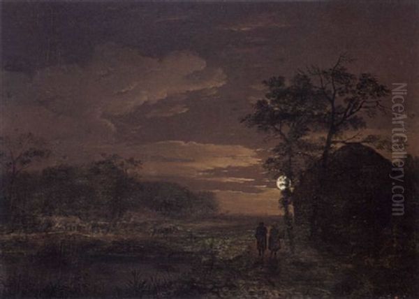 A Moonlit Landscape With Travellers On A Path Oil Painting by Johannes Cornelis Haccou