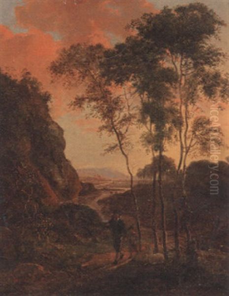 An Extensive River Landscape With A Man And A Boy On A Path Oil Painting by Johannes Cornelis Haccou