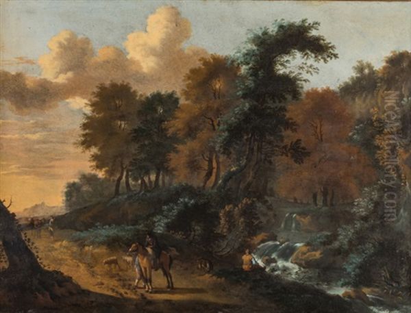 Bewaldete Landschaft Mit Reitern Und Hirten Im Abendlicht Oil Painting by Jan Hackaert