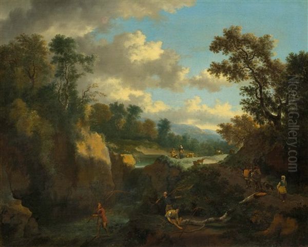 Fishers, Shepherd And Travellers At A Waterfall Oil Painting by Jan Hackaert