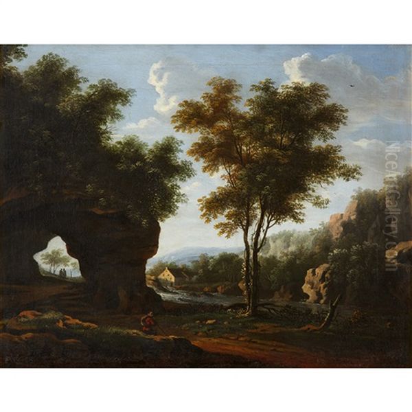 Rocky Landscape With Figures And Mill Oil Painting by Jan Hackaert