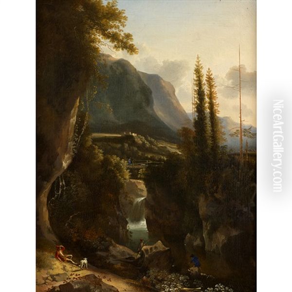 Mountainous Landscape With Figures Oil Painting by Jan Hackaert