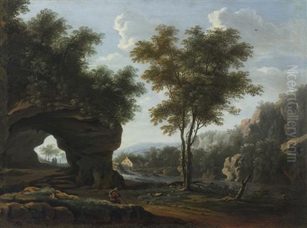 Rocky Landscape With Figures And Mill Oil Painting by Jan Hackaert