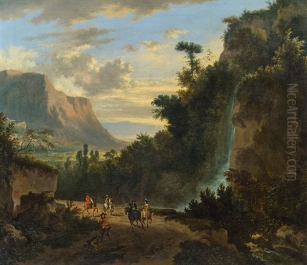 Landschaft Mit Wasserfall Und Einer Jagdgesellschaft Oil Painting by Jan Hackaert