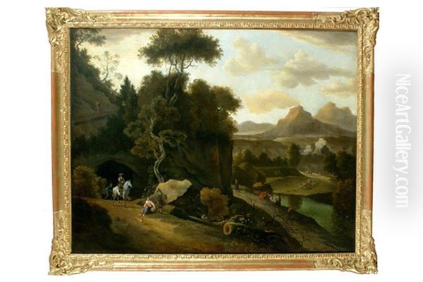 Paesaggio Montano Con Fiume Alberi E Personaggi Oil Painting by Jan Hackaert