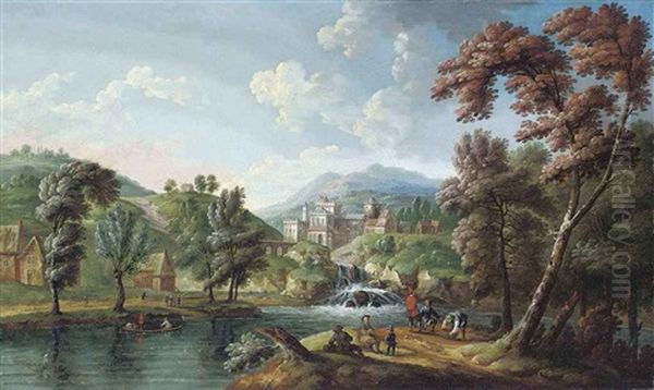 An Extensive River Landscape With Figures Resting On Bank, A Castle Beyond Oil Painting by Jan Hackaert