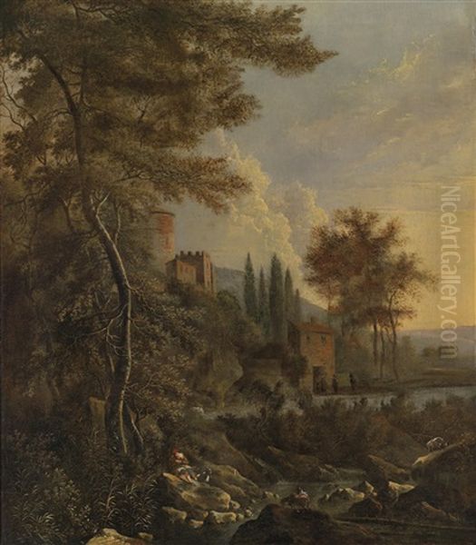 Sudliche Gebirgslandschaft Mit Hochgelegenem Kastell Oil Painting by Jan Hackaert