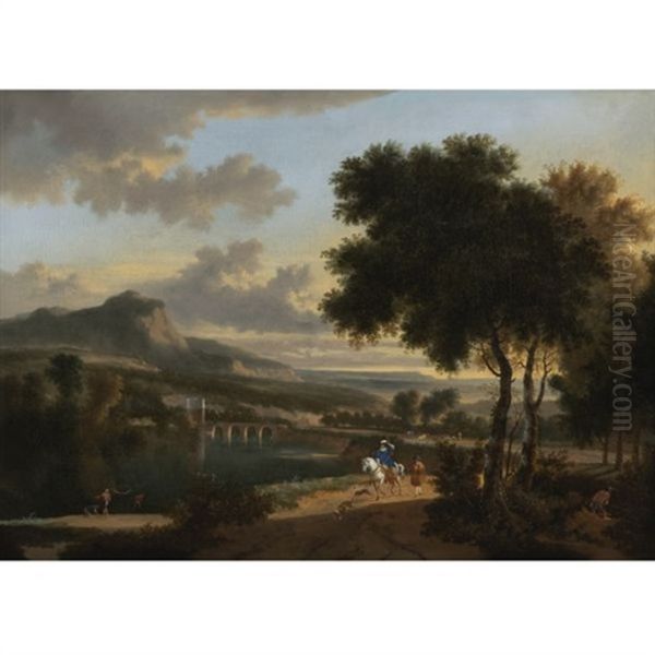 An Extensive Landscape With Travellers, Fishermen And Cattle Drovers On A Path With A Roman Bridge Beyond Oil Painting by Jan Hackaert