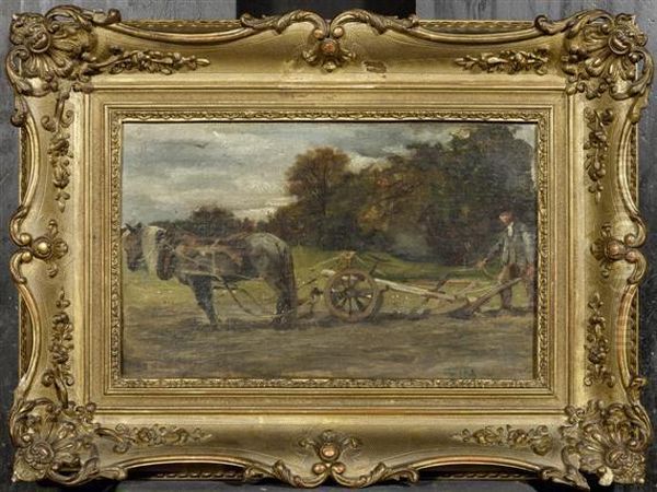 A Ploughing Peasant Oil Painting by Jean Baptiste Edouard Bal