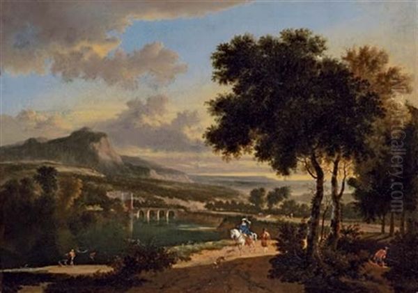 An Extensive Landscape With Travellers, Fishermen And Cattle Drovers On A Path, A Roman Bridge Beyond Oil Painting by Jan Hackaert