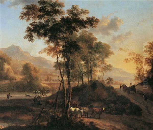 Landschaft Mit Bauern, Vieh Und Pferdefuhrwerken Oil Painting by Jan Hackaert