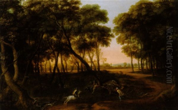 Wildschweinjagd In Einer Bewaldeten Flusslandschaft Oil Painting by Jan Hackaert