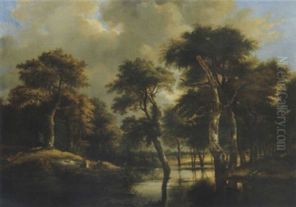 Hirschjagd In Einer Sumpfigen Waldlandschaft Oil Painting by Jan Hackaert