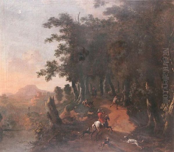 An Italianate Landscape At Evening With A Huntsman And Hounds Entering A Wood In The Foreground Near Travellers On A Track Oil Painting by Jan Hackaert