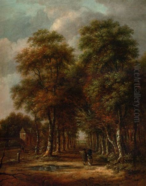 An Elegant Couple Walking In An Avenue Of Trees, A View To An Extensive Landscape Beyond Oil Painting by Jan Hackaert