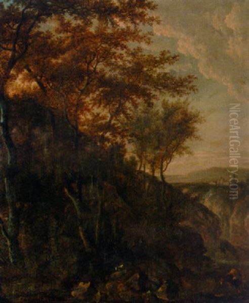 Peasants In A Wooded Landscape Oil Painting by Jan Hackaert