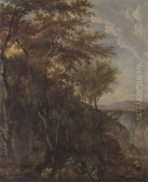 A Wooded Italianate Landscape With Peasants Oil Painting by Jan Hackaert