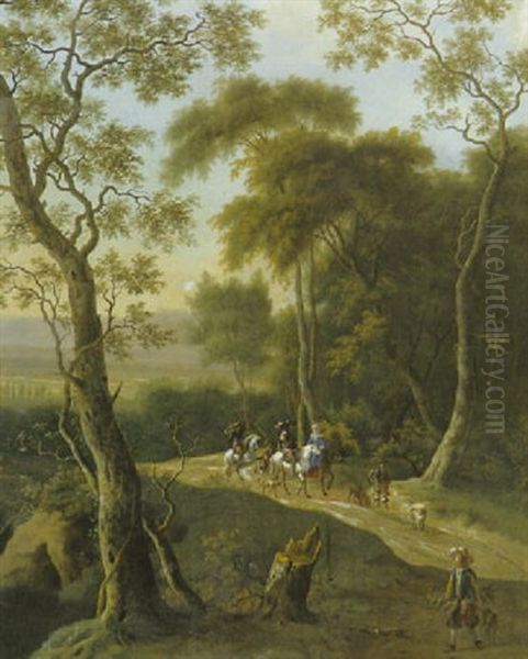 Waldlandschaft Mit Einer Jagdgesellschaft Auf Dem Weg Vorn, Die Zur Falkenjagd Zieht Oil Painting by Jan Hackaert