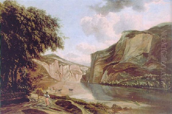 A Wooded Landscape With A Milkmaid And Cowherd Watering Their Cattle, An Extensive River Gorge Beyond Oil Painting by Jan Hackaert