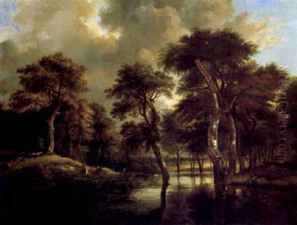 Hirschjagd In Einer Sumpfigem Waldlandschaft Oil Painting by Jan Hackaert