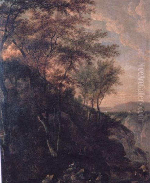 An Evening Italianate Landscape With Figures Resting Beside A Rocky Stream In The Foreground Oil Painting by Jan Hackaert