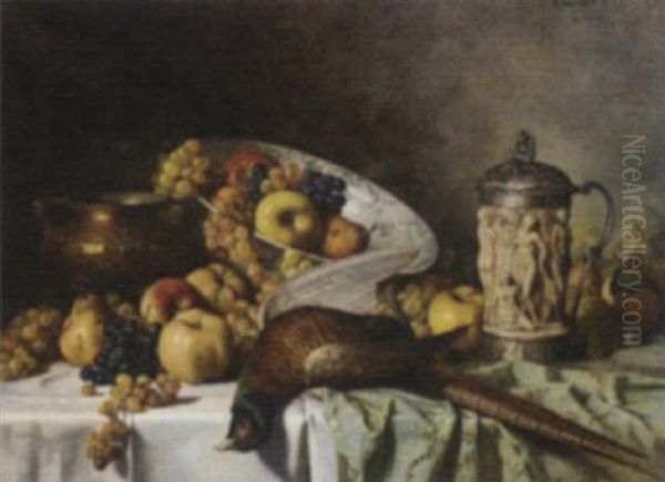 A Dead Pheasant, An Ornamental Tankard, Apples, Pears And Grapes On A Table Oil Painting by Adolf Hacker