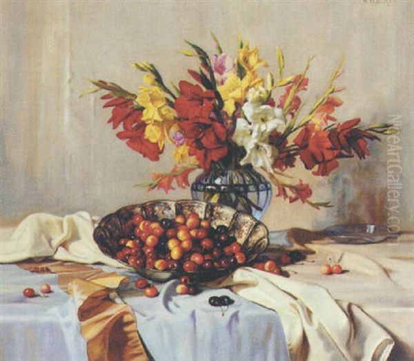 A Vase Of Gladioli And Bowl Of Cherries On Flounced Fabrics Oil Painting by Adolf Hacker