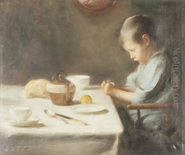 Young Boy Seated At A White Cloth Covered Table Laid For A Humble Repast With A Teapot Oil Painting by Arthur Hacker