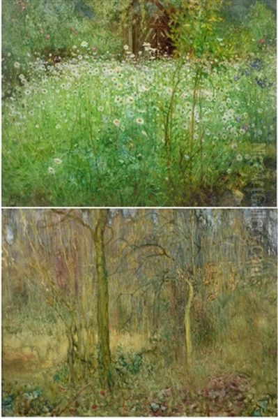 Oxeye Daisies And Other Flowers In A Meadow Oil Painting by Arthur Hacker