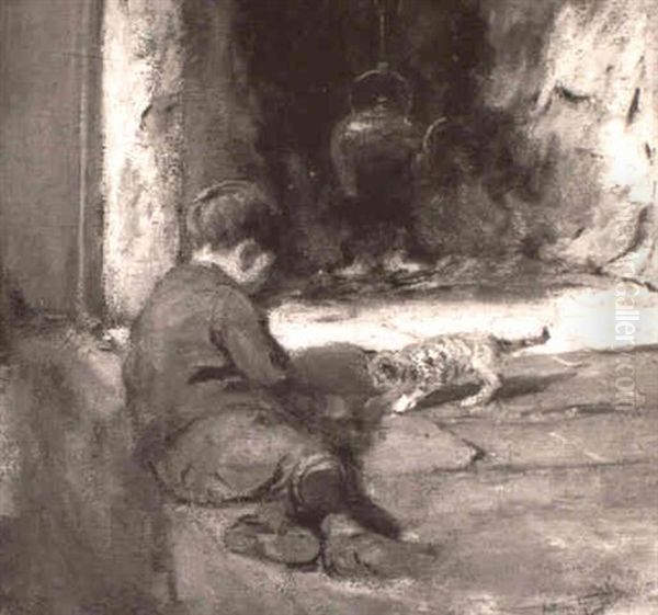 Boy Playing With Kitten Oil Painting by Arthur Hacker