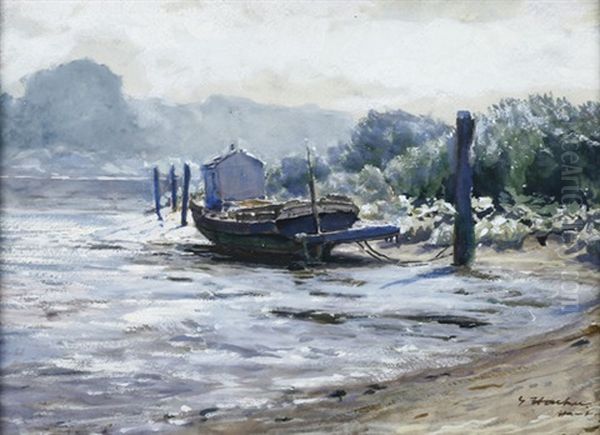 Kahn Bei Ebbe Am Strand Der Elbe Bei Hamburg Oil Painting by Georg Hacker