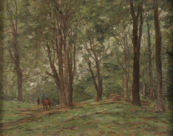 Two Horseback Riders On Wooded Path Oil Painting by Georg Hacker