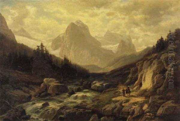 An Extensive Mountainous Landscape With Three Figures On A Path By A Stream Oil Painting by Horst Hacker