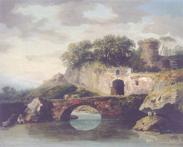 Flusbrucke Mit Angler Oil Painting by Carl Ludwig Hackert