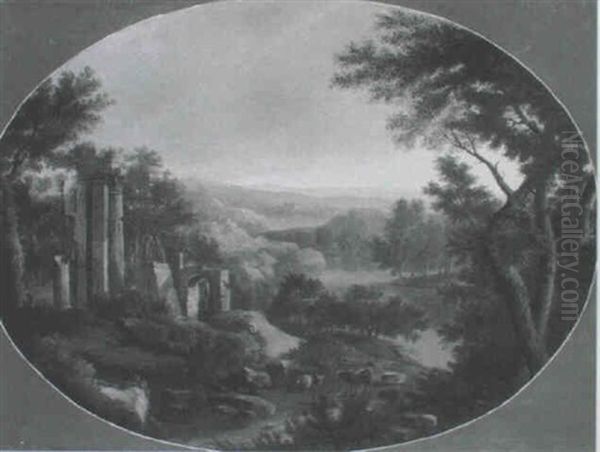 Italienische Landscahft Mit Ruinen, See Und Bergen Oil Painting by Carl Ludwig Hackert