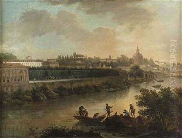 Stadt Mit Schlos Und Kuppelkirche An Einem Flus Mit Verschiedenen Szenen Oil Painting by Jacob Philipp Hackert