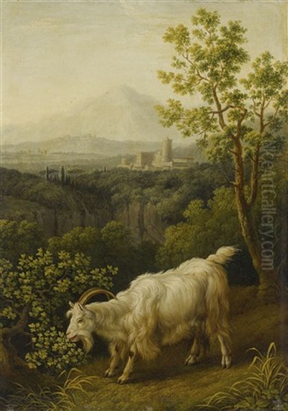 A Male Goat In An Italianate Landscape Oil Painting by Jacob Philipp Hackert