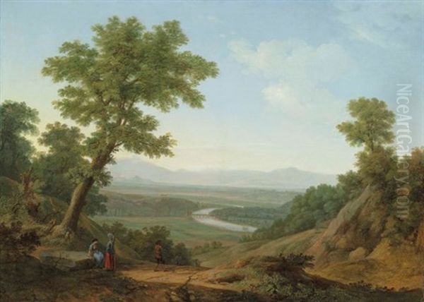 The Slopes Of Monte Mario, Rome, With The Tiber Looking Upriver And The Milvian Bridge Beyond Oil Painting by Jacob Philipp Hackert