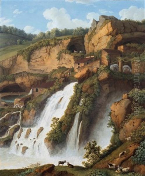 The Waterfall At Anitrella, With Goats Grazing Nearby Oil Painting by Jacob Philipp Hackert