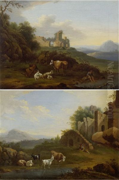 Pair Of Works: Two Mediterranean Landscapes With Herdsmen, Goats, Cows And Ruins Oil Painting by Jacob Philipp Hackert