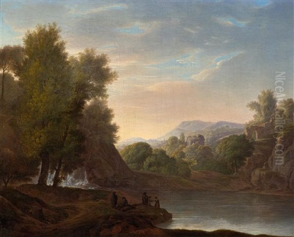 Idyllic Landscape With Waterfall, Ruins And Staffage Oil Painting by Jacob Philipp Hackert