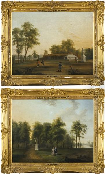 A View Of The Alten Zelte, Tiergarten, Berlin, With Elegantly-dressed Figures By The Tent; A View Of The Alten Zelte, Tiergarten, Berlin, With Elegantly-dressed Figures Promenading, An Avenue Of Trees Beyond Oil Painting by Jacob Philipp Hackert