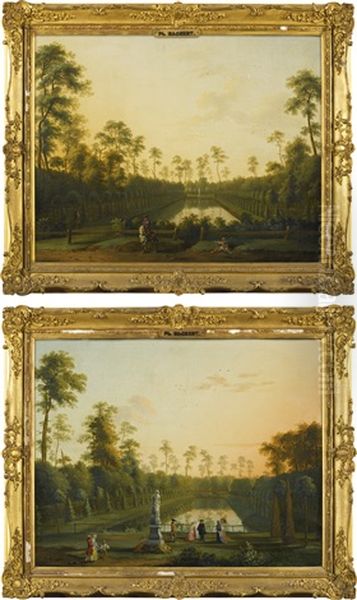 A View Of The Venusbassin, Tiergarten, Berlin, With Elegantly-dressed Figures; A View Of The Venusbassin, Tiergarten, Berlin, With A Gentleman On Horseback Oil Painting by Jacob Philipp Hackert