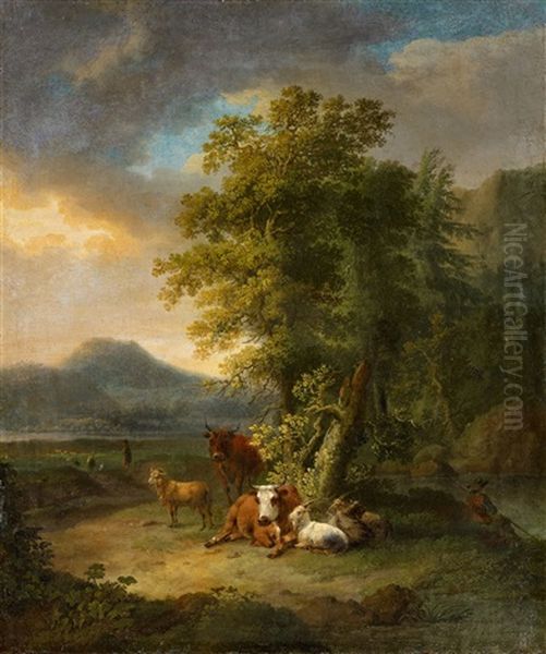 Landschaft Mit Tieren Unter Einem Baum Oil Painting by Jacob Philipp Hackert