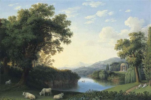 A Capriccio River Landscape Of The Giardino Inglese At Caserta, With Cattle And Reclining Figures Oil Painting by Jacob Philipp Hackert