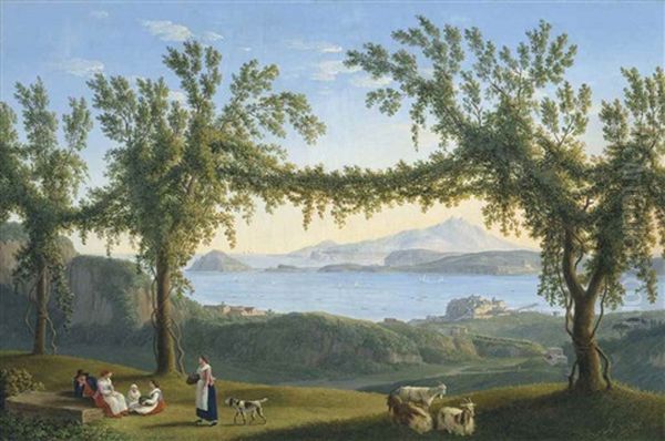 Peasants Resting Beneath Vines In The Hills Above Solfatara, With A View Of Ischia, Procida And The Bay Of Pozzuoli Beyond Oil Painting by Jacob Philipp Hackert